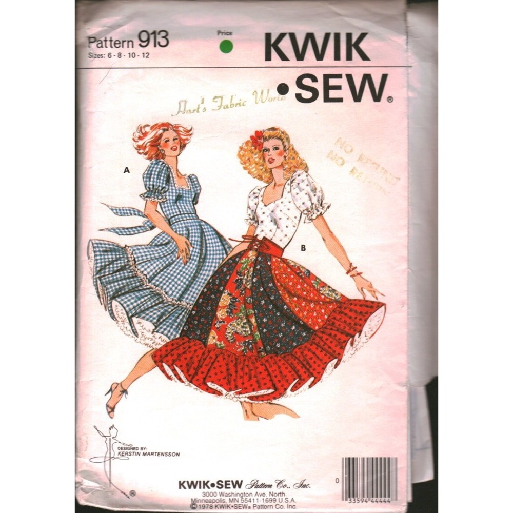 Vintage 1978 Kwik Sew 913 Square Dance Dress Pattern Sz 6-12 Kerstin Martensson